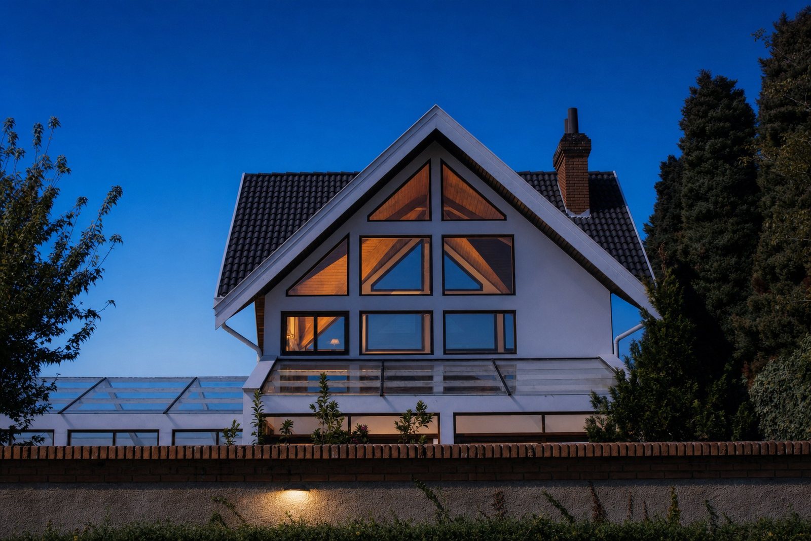 The same house at blue hour: dark blue evening sky, warm light behind the gable windows, a lamp glowing on the garden wall.