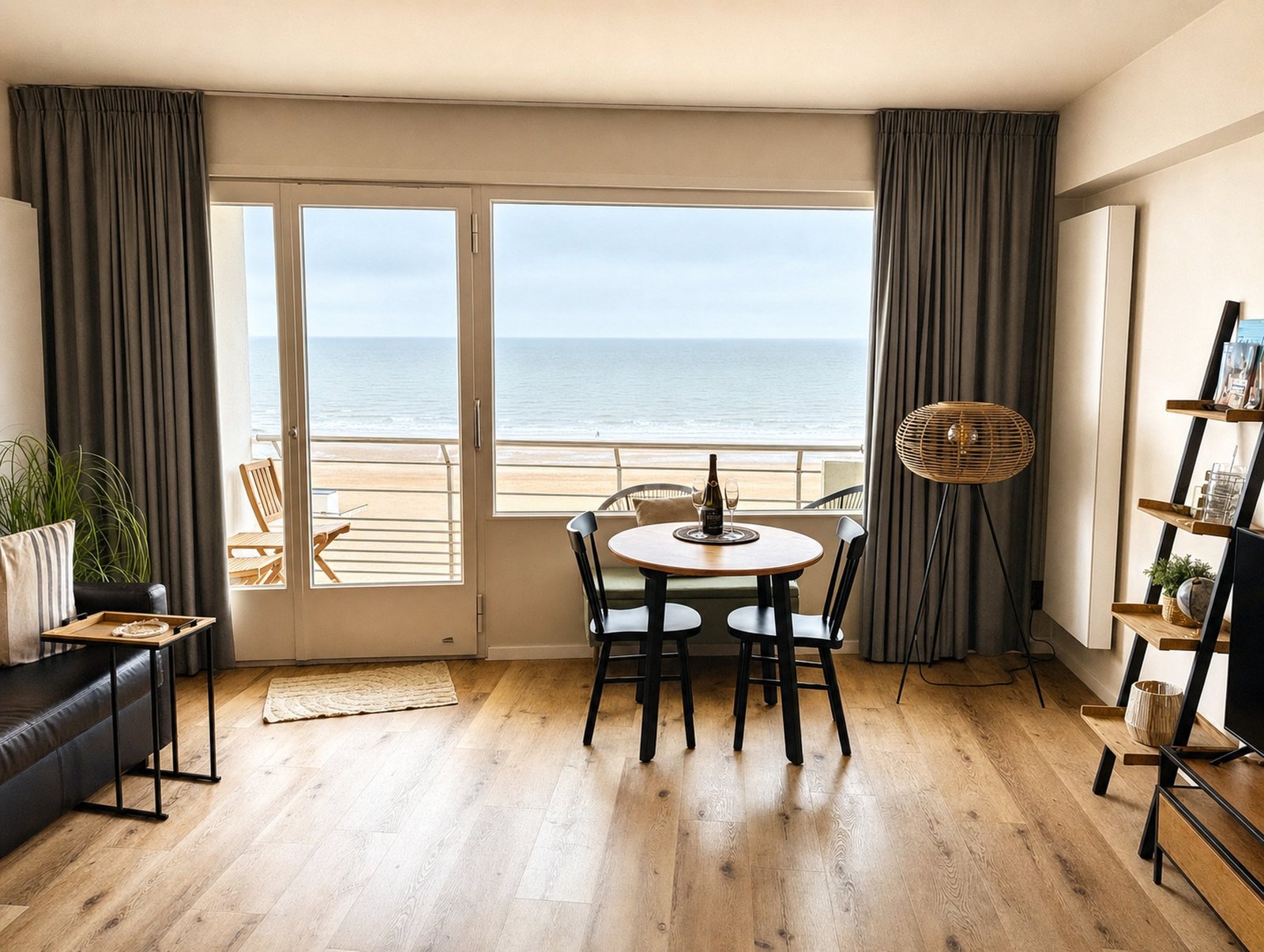 The same room brighter and warmer, verticals straight, a slightly tighter crop, beach, sea and furnishings kept.