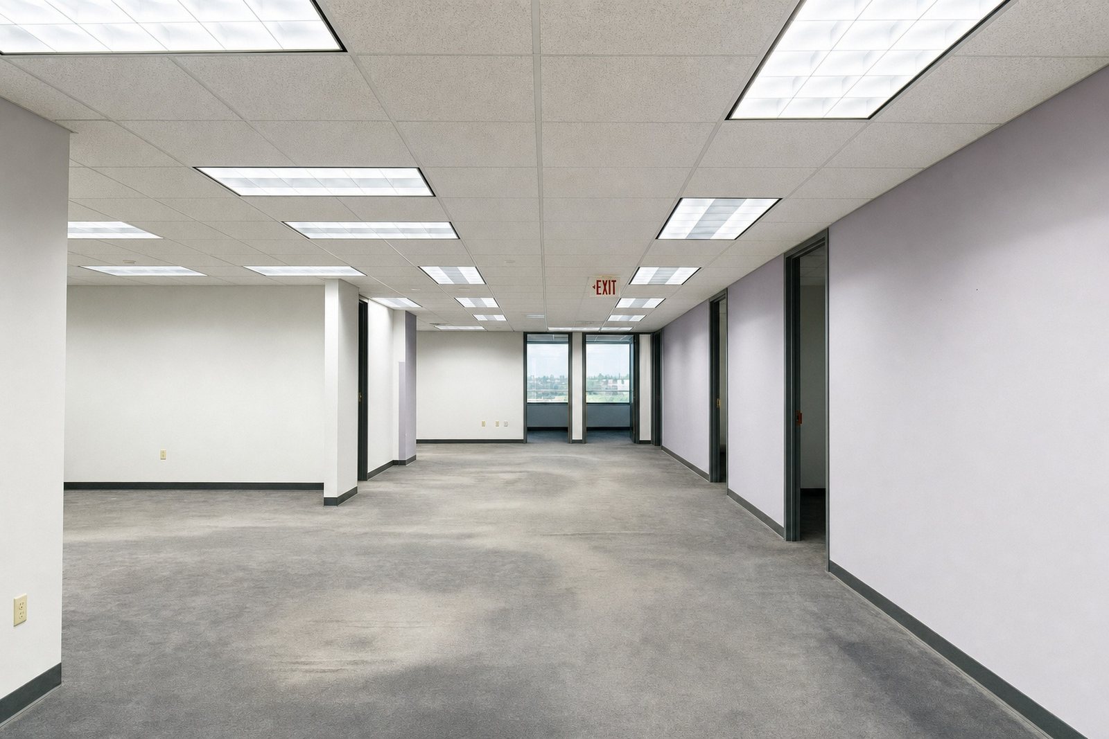 The same floor with neutral white walls and ceiling, grey carpet and a brightened corridor, lights, doors and carpet stains unchanged.