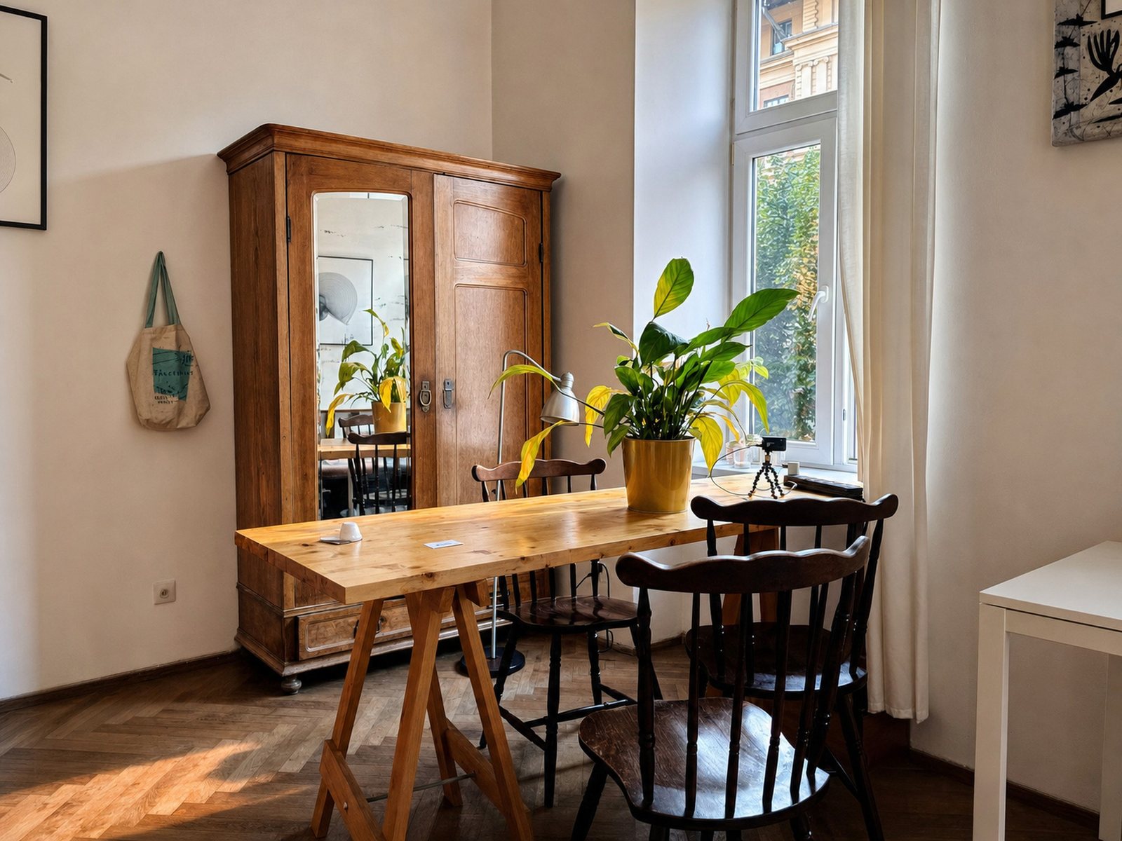 Derselbe Raum hell und farbneutral mit geraden Kanten: Schrank, Tisch mit Tasse und Karte, Pflanze, Stoffbeutel an der Wand und Fischgrätparkett, Kleinigkeiten wie das Bild im Rahmen links oben neu gezeichnet.