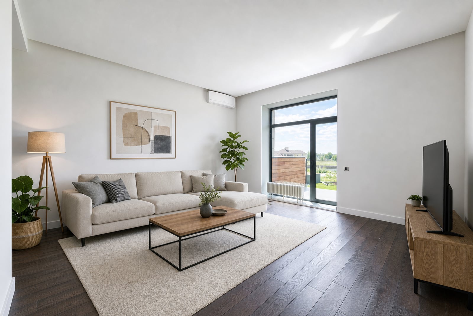 The same room with a sofa, coffee table, rug, floor lamp and television.