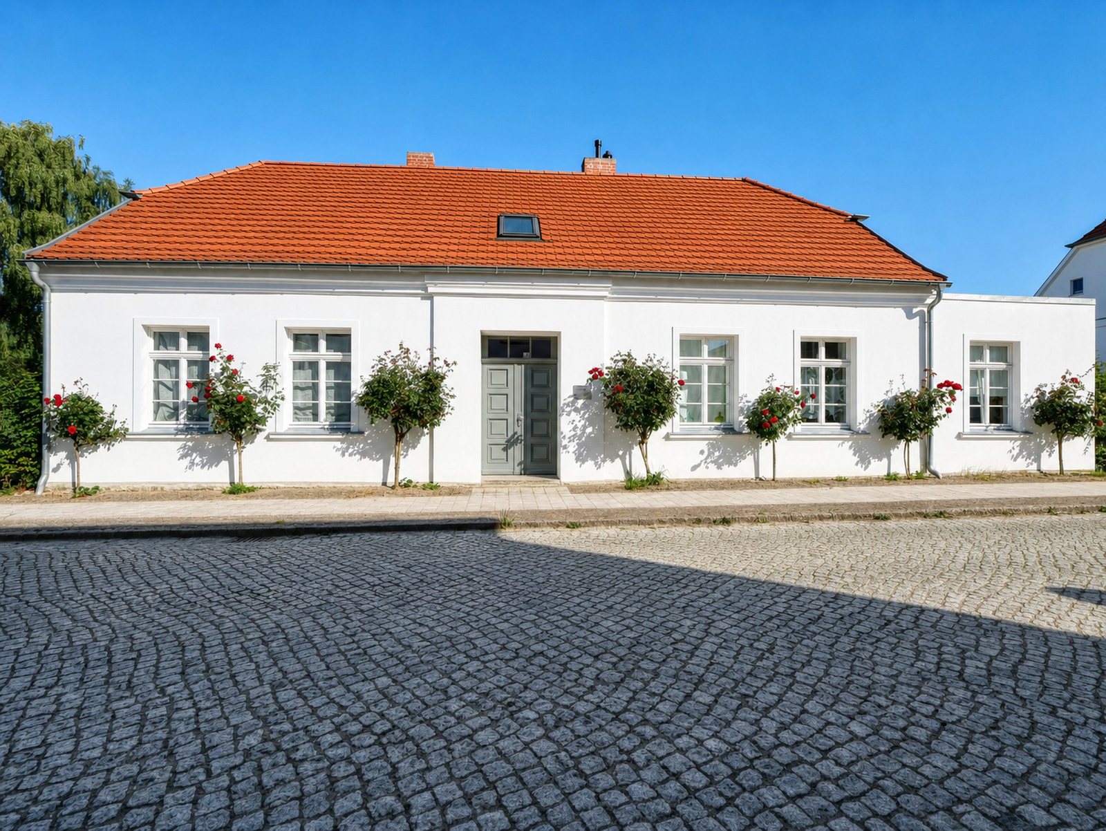 The same house with lifted shadows and lighter cobbles, the sky a lighter blue, windows, door and roses unchanged.